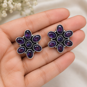 Trendy Antique Silver Brass Multi Stone Flower <b>Stud</b> <b>Earrings</b> Wholesale | Indian Ethnic Boho Manufacturer | Factory Direct Supply - Product Image 5