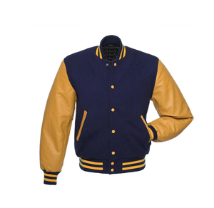 <b>Men's</b> Navy Blue Varsity <b>Jacket</b> With Tan <b>Leather</b> Sleeves Button Closure Preppy Style Autumn Outerwear - Product Image 1