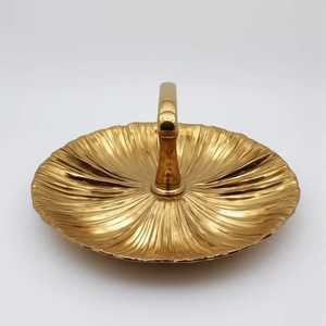 Gold Flower Shaped Metal Serving Tray With Center Handle Textured Dessert Snack <b>Platter</b> Skies Trader - Product Image 1
