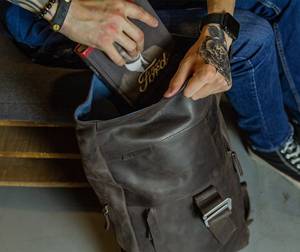 Genuine Leather Roll Top Backpack Mens Weekender Travel Bag Cowhide Laptop Rucksack <b>Padded</b> Tech Protection LTBP-0109 - Product Image 5