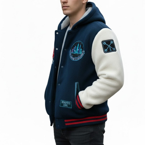 Chaqueta Varsity con Capucha para Hombre, Color Azul Marino y Blanco, con Forro Polar Grueso, para Invierno, con Parches Bordados con la Letra C en Chenilla - Product Image 6
