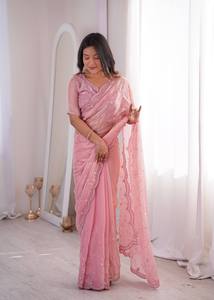 Luxury <b>Blush</b> Pink Cotton Saree Women | Traditional Heavy Sequins Floral Thread Embroidery | Designer Indian Wedding Party | - Product Image 5
