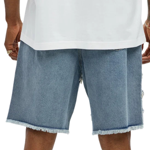Shorts en jean bleu pour homme, style vintage, délavé, patchwork, bords bruts, décontracté, longueur genou, streetwear, mode, séchage rapide - Product Image 4