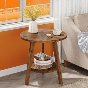 Farmhouse Style Wood <b>Round</b> End <b>Table</b> <b>with</b> <b>Storage</b> Shelf As Sofa <b>Side</b> <b>Table</b> or Nightstand for Living Room Coffee <b>Tables</b> - Product Image 3
