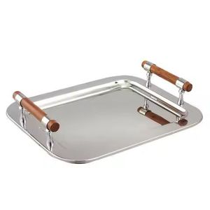 Bandeja de Servir de Acero Inoxidable con Asas de Madera, Plato Rectangular de Metal para Servir Alimentos, Bandeja para Cocina de Hotel - Product Image 1