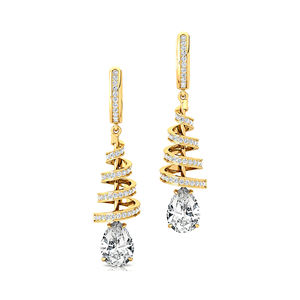 Boucles d'oreilles créoles pendantes en spirale en or 14K avec diamant de laboratoire taille poire 2 carats, serti à griffes, certifiées IGI, luxe, 160 diamants accentuants - Product Image 1
