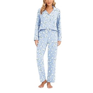 Women's Sleepwear Set for Summer Glossy Satin Comfortable Long Sleeve Cardigan Turn-<b>Down</b> Collar Animal Print Front <b>Pants</b> Bamboo - Product Image 4