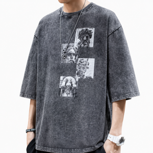 T-shirt graphique oversize pour homme avec fermeture éclair latérale, en coton délavé vintage, épaules tombantes, style streetwear, coupe ample - Product Image 1