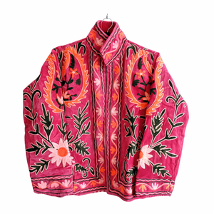 Veste Suzani en soie brillante faite à la main, manteau brodé vintage bohème, vêtements d'extérieur d'hiver matelassés à motifs floraux ethniques pour femmes, robe bohème - Product Image 1
