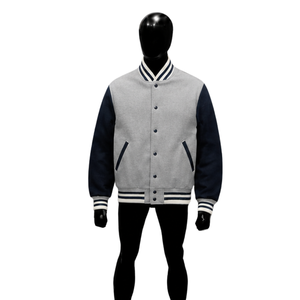 Veste universitaire classique en laine bleu marine argentée avec manches contrastantes bleu marine, boutons-pression noirs et bande blanche - Product Image 1