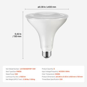Lampadina LED PAR38 per Fari, Confezione da 6, per Esterni, 1050 Lumen, Luce Bianca Fredda 5000K, Durata 15.000 Ore, Set di 6 Fari - Product Image 3