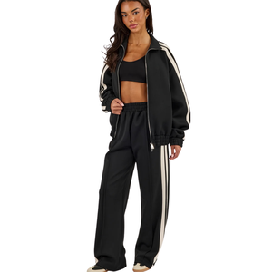 <b>Women</b> Full Zip Hooded Tracksuit Set Contrast Piping Jacket Wide Leg Trousers Casual Streetwear Two Piece <b>Lounge</b> Outfit Essential - Product Image 5