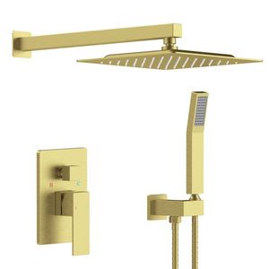 Classic <b>Style</b> Brushed Gold Finish Wall-Mounted 10\" Rainfall Shower <b>Head</b> & Handheld Faucet Combo Shower System Faucet Set - Product Image 1