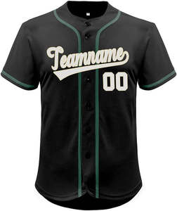 Maillot de baseball noir à manches courtes boutonné avec nom d'équipe, bordure verte, en maille, pour homme - Product Image 1