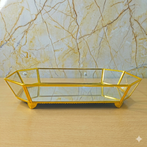 Gold Metal Frame Geometric Glass Vanity Tray <b>Mirror</b> Base Decorative Makeup Organizer <b>Rectangular</b> Perfume Jewelry Display Tray - Product Image 1