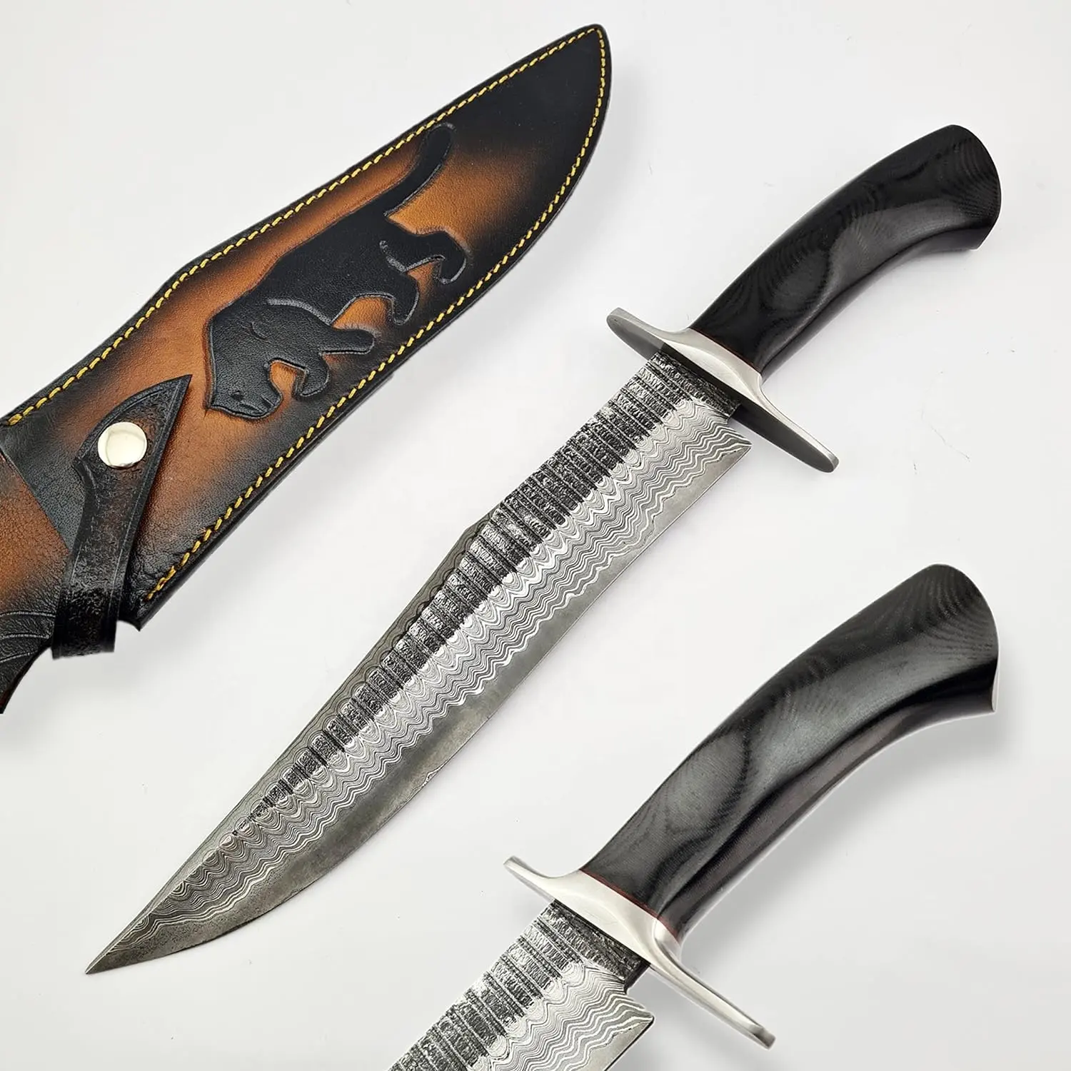 Handmade Damascus steel bowie knife with micarta handle and fine leather sheath Viking knife outdoor knife brass handle