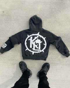 Suéter con apliques de parche bordado desgastado personalizado 500GSM French Terry Oversized Zip up Acid Wash Hoodies - Product Image 3