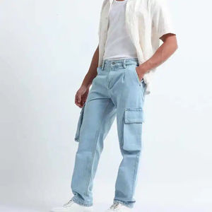Men's <b>Light</b> Blue Cargo Jeans Mid Waist Loose Fit Cotton Denim Casual Summer Wear - Product Image 2