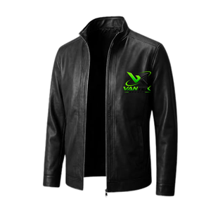 VANTEX <b>SPORTS</b> Men's Genuine Leather Eco-Friendly Vintage <b>Jacket</b> Stand Collar Zipper Front Logo Casual Solid <b>Black</b> Regular Fit - Product Image 1