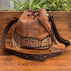 Real Western Boot Stitch Hand Tooled Suede Leather Fringe Crossbody Shoulder Bucket Bags Diseñador personalizado Bolso de cuero de vaca - Product Image 2