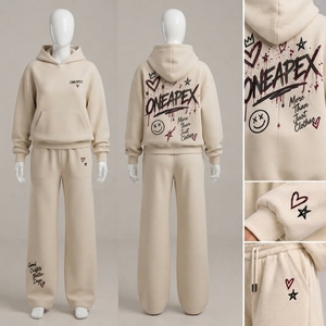 Conjunto Deportivo Crema para Mujer, Sudadera Holgada, Pantalones Anchos, Estampado Gráfico, Ropa Casual Urbana - Product Image 5