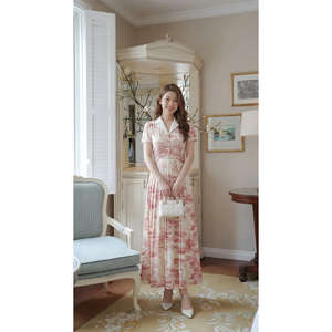 Vestido Maxi de Seda Floral Rosa Elegante para Mujer, Vestido de Fiesta y Vacaciones con Estampado Vintage de Manga Corta - Product Image 4