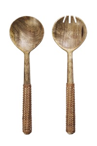 Juego de utensilios de madera de acacia ecológicos al por mayor de fábrica con mango de ratán tejido, espejo, apto para lavavajillas, ideal para regalos. - Product Image 3