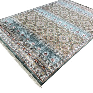 Luxury Hand Knotted Geometric Tribal <b>Rug</b> <b>Teal</b> Blue Gold Traditional Wool Silk Area Carpet Handmade - Product Image 3