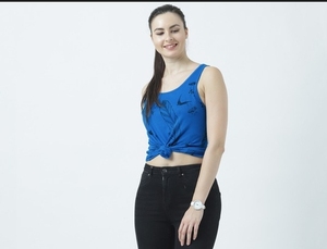 Débardeur tricoté bleu pour femme, col rond, sans manches, décontracté, respirant, couleur unie, imprimé devant, tenue de sport - Product Image 1