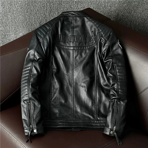 Men's Genuine Leather Moto <b>Jacket</b> Stand Collar Zipper Closure Regular Fit Solid Black <b>Biker</b> Style Autumn Wear - Product Image 2