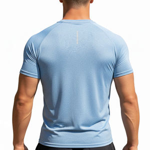 mens light blue heather chest logo athletic <b>raglan</b> sleeve athletic fit short sleeve tshirt workout gym tee <b>top</b> - Product Image 5