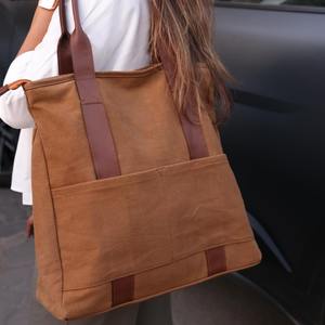 Bolso Tote de Lona y Cuero, Estilo Vintage, Bolso de Hombro, Bordado Abierto, Impermeable, Duradero, Gran Capacidad, para Viajes, Trabajo, Compras - Product Image 6