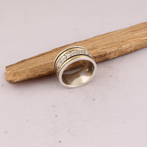 925 Sterling Silver Classic Floral Bezel Setting <b>Spinner</b> <b>Ring</b> Wholesale Two Tone Brass Engraved Spinning Band Unisex Anxiety - Product Image 2