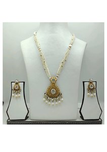 Elegant Silver <b>Beaded</b> Long Necklace <b>Set</b> with White Pearl Strands Gold Traditional Pendant and Matching Earrings - Product Image 3
