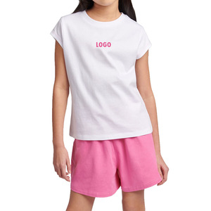 Conjunto de Dos Piezas para Niñas, Camiseta Blanca y Pantalones Cortos Rosas, Manga Corta, Cuello Redondo, Estilo Casual de Verano, Algodón Estampado - Product Image 1