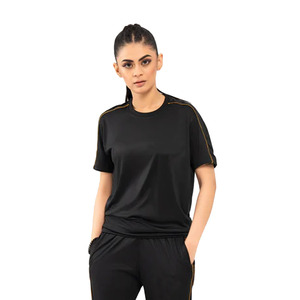 Best Quality <b>Women's</b> <b>Black</b> Sporty Tracksuit Set Crew Neck Short Sleeve Breathable Lightweight Full Length <b>Pants</b> With Side Pocket - Product Image 3