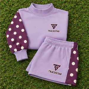 Conjunto de 2 piezas para mujer: Sudadera de cuello alto con hombros caídos y mangas de lunares color lavanda, y pantalones cortos a juego. Venta al por mayor personalizada. - Product Image 6
