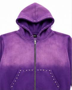 Ensemble de survêtement dégradé violet pour homme avec étoiles en strass, sweat à capuche zippé et pantalon large, streetwear décontracté d'hiver - Product Image 4