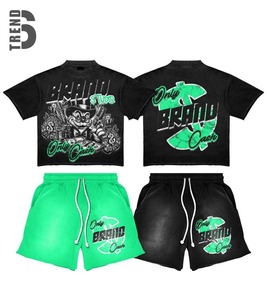 Conjunto de Camiseta Oversize de Algodón Transpirable de 260GSM para Verano y Pantalones Cortos Deportivos con Cordón y Bolsillos Estilo Vintage, Cuello Simulado para Hombre - Product Image 2