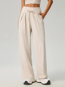 Pantalon d'été taille haute pour femme, coupe large, couleur unie, avec cordon de serrage, ample, longueur totale, décontracté, respirant, coupe-vent, séchage rapide - Product Image 4