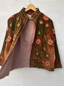 Luxury <b>Brown</b> Velvet Embroidered Suzani <b>Jacket</b> With Floral Pattern Full Sleeve Stand Collar Handmade Bohemian <b>Women's</b> Winter Coat - Product Image 3