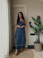 Kurti sans manches pour femme, bleu marine, en coton brodé, imprimé numérique, séchage rapide, longueur genou, coupe classique, style ethnique traditionnel