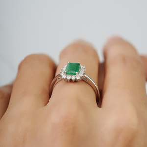 925 Sterling <b>Silver</b> 100% Authentic <b>Emerald</b> & Diamond Halo Fine <b>Ring</b> For Women's May Birthstone Jewelry - Product Image 4