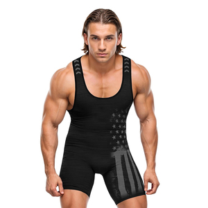 Combinaison de lutte noire pour homme, ajustée, en spandex et polyester, anti-humidité, imprimé drapeau américain, vêtements de sport de combat - Product Image 1