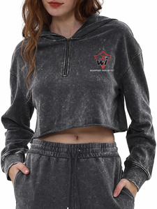 Women's Acid Wash Cropped Hoodie with Quarter Zip Long Sleeves Raw Hem and Relaxed Streetwear Fit - Product Image 3