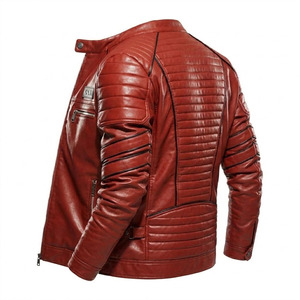 KADIA Men's Red PU <b>Leather</b> Moto <b>Jacket</b> Stand Collar Zipper Closure Slim Fit Biker Style Autumn Wear - Product Image 3