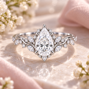 Bague de fiançailles en moissanite taille poire, argent sterling 925, motif feuille florale, bague de mariée plaquée or, bijoux de mariage, fabricant sur mesure - Product Image 1
