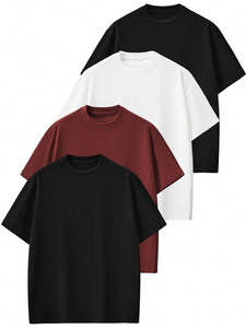 Men's Oversized Solid Cotton Canvas T-Shirt Short Sleeve O-Neck Casual Printed Quick Dry Front <b>Logo</b> Regular Length Black White - Product Image 4