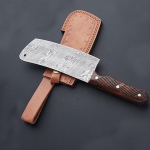 Couteau à viande artisanal en acier Damas, lame pleine longueur, hachoir de boucher avec manche en bois et étui en cuir - Product Image 4