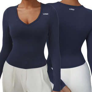 T-shirts à manches longues pour femmes, coupe ajustée, col rond, basiques, unis, printemps automne, vente en gros - Product Image 1